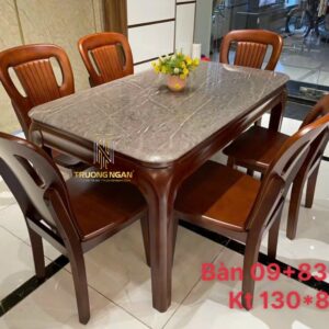 Bộ Bàn Ăn Nâu 6 ghế 130*80 Mặt Đá + Chân Gỗ