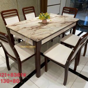 Bộ Bàn Ăn Trắng 6 Ghế 130*80 Mặt Đá + Chân Gỗ