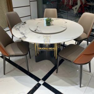 Bộ bàn ăn tròn 130*130/70*70, mặt đá ceramic, chân thép + inox
