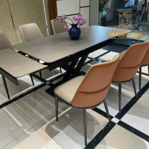 Bộ bàn ăn thông minh 120-200*85 mặt đá xám nhám, chân sắt sơn tĩnh điện