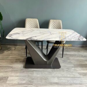 Bàn Ăn Chân Sắt V Mặt Đá CẨM THẠCH GODZILLA Trắng 140/160/180 Cao Cấp