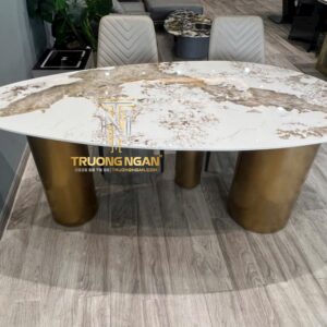 Bàn Ăn CUSTOM 3 Trụ OVAL Mặt Đá Ceramic + Inox Mạ PVD