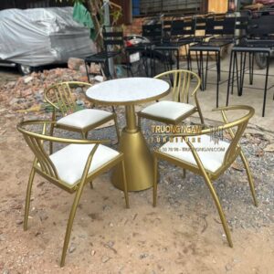 Bộ Bàn Ghế Cafe Wishbone Khung Sắt Sơn Tĩnh Điện Đồng, Bàn Mặt Đá 60x60, Cao 75cm