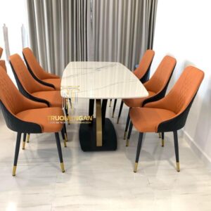 Bộ Bàn Ăn Mặt Đá 1M8 Chân X Cong Mạ PVD + 6 Ghế Mina Trám