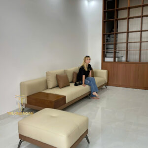 Bộ Sofa Băng SANTOS Bọc Da Bò Cao Cấp 3M Kết Hợp Hộc Gỗ Console + Bàn Sofa Inox Mạ