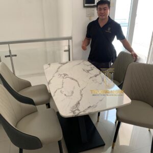 Bộ Bàn Ăn Đá CẨM THẠCH 1M2 Trắng + 4 Ghế MINA Trám Bọc Nệm Cao Cấp