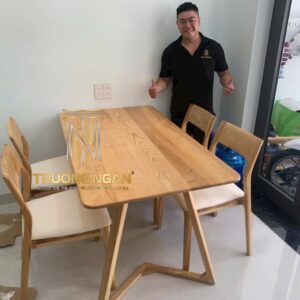 Bộ Bàn Ăn Chân Xương Cá 1M4 + 4 Ghế ART Gỗ Tần Bì Cao Cấp